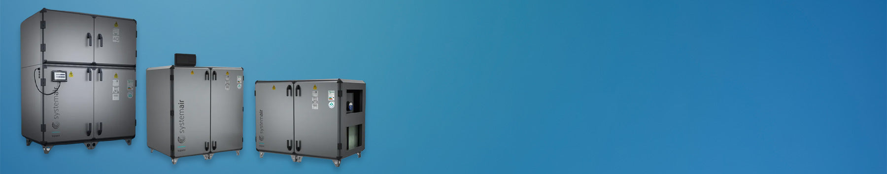 Three Systemair Topvex industrial metal HRU cabinets or equipment boxes shown side by side on a plain blue background.